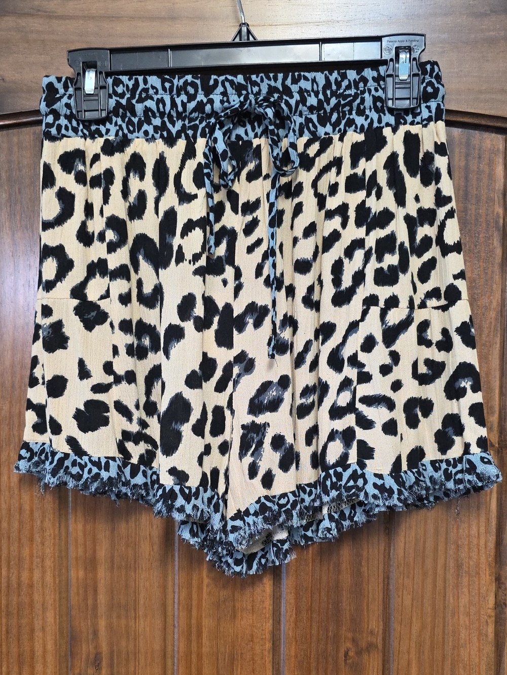 Umgee Leopard Print Shorts - Beige, Black & Light Blue Trim - Size S